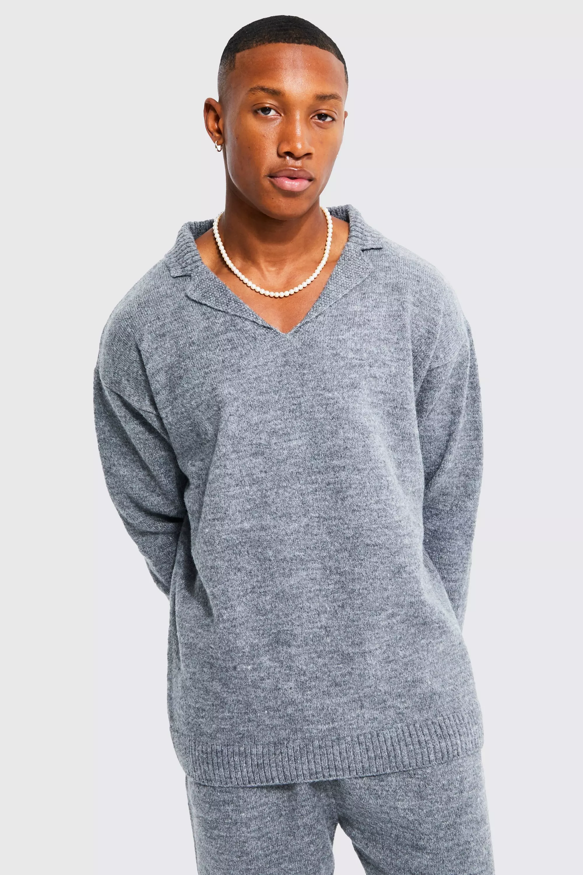 Oversized Revere Knitted Polo Tracksuit boohooMAN USA